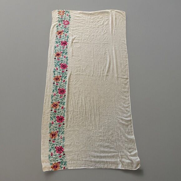 Hand Embroidered Linen Dresser Scarf Table Runner 68x72" Flowers Botanical Vtg - Picture 2 of 5